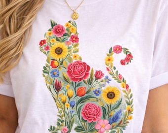 Wildflower Cat T-Shirt, Cat Lover Gift, Floral Shirt