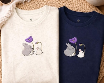 Embroidered Bunny Flower T-Shirt, Minimalist Rabbit Graphic Tee