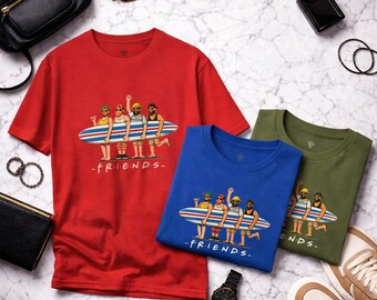 Surf Friends Graphic T-Shirt, Unisex Summer Streetwear Tee, Beach Style Cartoon Shirt