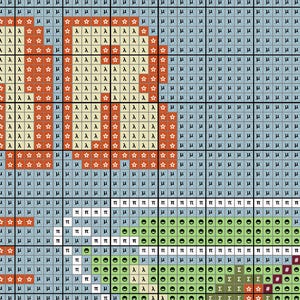 Puede incluir: Patr&oacute;n de punto de cruz con la palabra "ROLL" en letras naranjas con acentos de estrella, sobre un fondo azul claro. El dise&ntilde;o incluye elementos verdes y blancos en la parte inferior, con s&iacute;mbolos adicionales y un borde rojo oscuro.