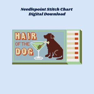 Puede incluir: Patr&oacute;n de punto de cruz digital con un perro marr&oacute;n, un martini y las palabras "Hair of the Dog". El dise&ntilde;o es de estilo caja de cerillas con fondo azul claro.