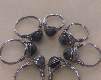 Larvikite  gemstone wire wrapped ring - stainless steel - sizes 4 to 12