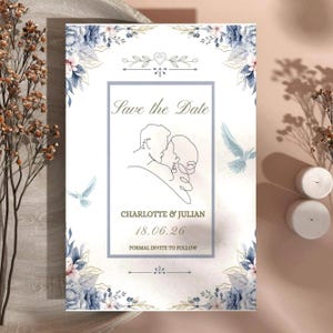 Szablon zaproszenia ślubnego Dusty Blue Floral do druku w formacie cyfrowym Canva