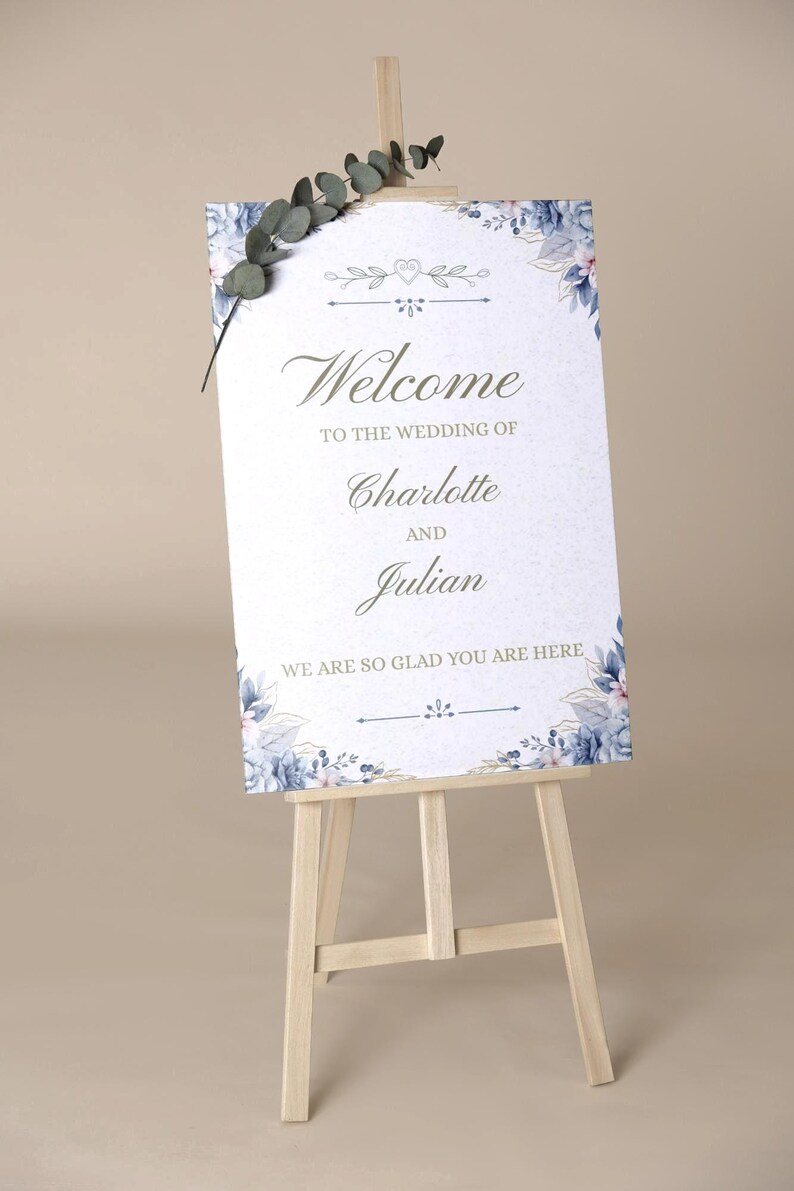 Dusty Blue Floral Wedding Welcome Sign Editable Canva Entrance ...