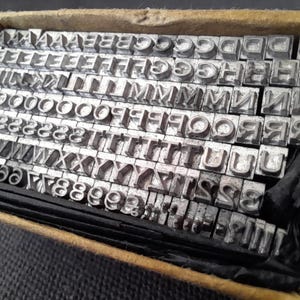 Könnte beinhalten: Eine Sammlung von Metallbuchstaben, einschließlich Buchstaben und Zahlen, die in einer Pappschachtel aufbewahrt werden. Die Buchstaben sind in Reihen angeordnet, mit einer Serifenschrift. Die Schachtel hat ein abgenutztes Aussehen, was auf traditionelle Druckmethoden hindeutet.