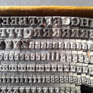 May include: Close-up of a collection of vintage metal letterpress printing type. The letters are arranged in rows within a wooden tray. The metal type is silver-colored and shows signs of wear, indicating its age and use. The tray has a yellow interior.