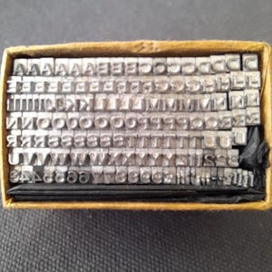 May include: A set of metal letterpress printing type, neatly arranged in a cardboard box. The letters are in a variety of fonts and sizes, perfect for creating custom text. The box is a warm, neutral color, and the type is a silver-gray.
