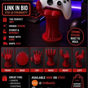 May include: A red controller stand shaped like a hand holding a white game controller. The stand has the name "Alan" on it. Text on the image says "Level Up Your Setup" and "Link in Bio Etsy @ CtrlBaseTy".