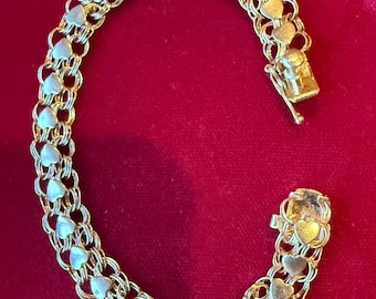 Vintage 14k Gold Charm Armband, Gold Herz Armband, Tripple Link Armband, 7 ”