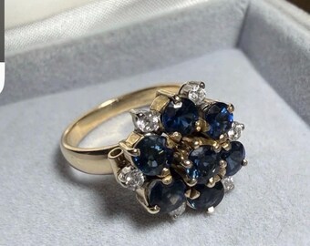 Vintage 14k Gold Sapphire Diamond Cluster Ring, 1.7 Carats of Gemstones, Natural Sapphire and Natural Diamonds