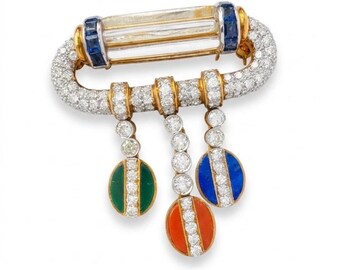 Unique Vintage 18k Gold Diamond Sapphire Coral Malachite Lapis Quartz Pendant Brooch Pin, High Jewelry Piece