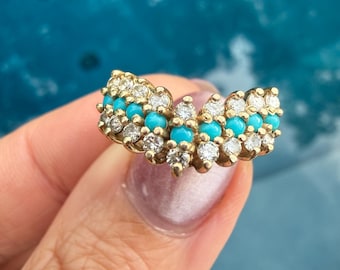 Vintage 14k Gold Diamant und Türkis Ring, Größe 7,5, Naturdiamanten, Dornröschen Türkis