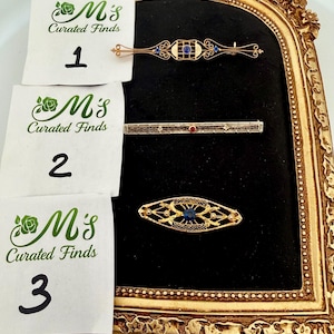 Op de afbeelding: Drie decoratieve broches op een zwart fluwelen bord in een sierlijke gouden lijst. Broche 1 is een gouden filigraan staafje met blauwe stenen. Broche 2 is een rechthoekig staafje met rode accenten. Broche 3 is een ovaal gouden filigraan ontwerp.