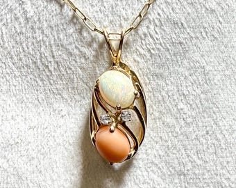 14K Gold Coral Opal Diamond Pendant, Vintage Pendant