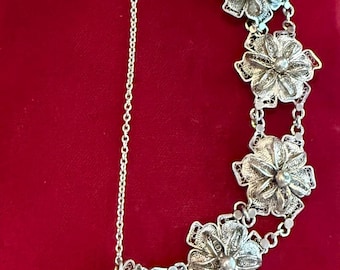 Vintage Sterling Silver Bracelet, Filigree Flower Bracelet