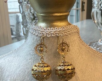 14k Gold Filigree Dangle Earrings, Croatian Style, 1.5”