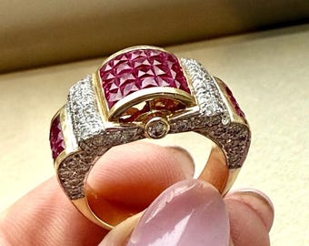 18k Gold Natural Ruby Diamond Ring, Incredible Checkerboard and Bow Setting