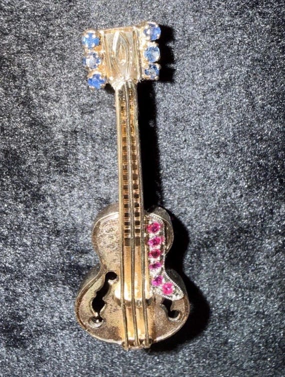 14k Gold Guitar Pin Brooch Sapphires Rubies / Guitar Pendant, Music Lover Fine Jewelry