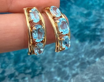 Vintage 10k Gold Blautopas Huggie Ohrringe/Post Ohrringe