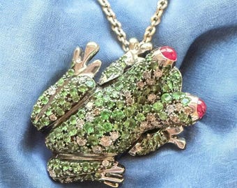 Large Roberto Coin 18k Gold Diamond Ruby Tsavorite Frog Pendant w Roberto Coin Chain Necklace, with Appraisal Paperwork