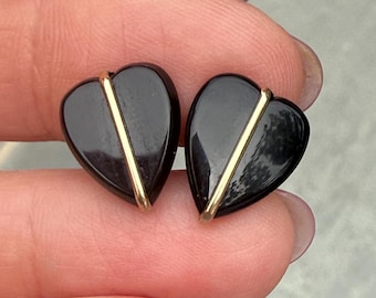 14k Goldschwarzer Onyx Ohrringe, Goldherzohrringe/Goldohrstecker, maßgefertigt, einzigartig
