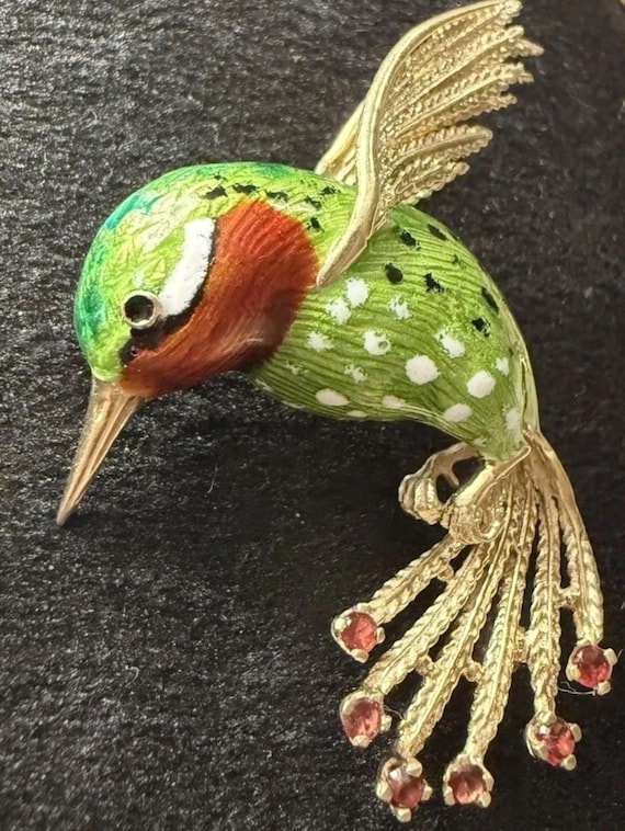 Vintage 14k Solid Gold Enamel Brooch Pin, Hummingbird