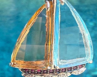 Vintage 14k gouden zeilboot diamant robijn topaas citrien hanger broche pin gesigneerd