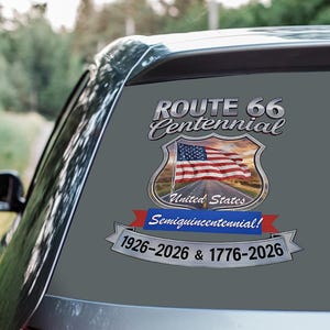 Autosticker Route 66 Centennial USA Semiquincentennial, Amerikaanse vlag roadtrip vinyl