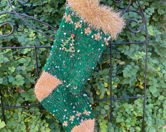 Green and Gold Hand Knit Christmas Stocking with vintage Christmas Tree Brooch