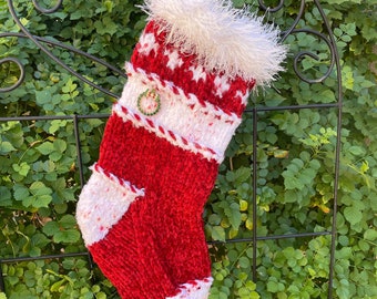 Red Chenille Hand Knit Christmas Stocking