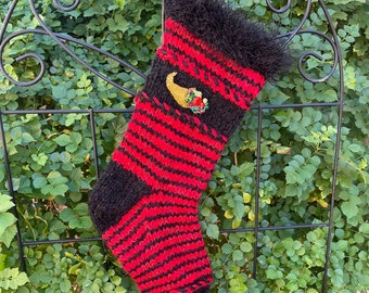 Jeweled Cornucopia Brooch Hand Knit aRed and Black Mohair Christmas Stocking