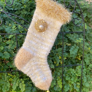 Cream and Gold Handknit Mohair Christmas Stocking