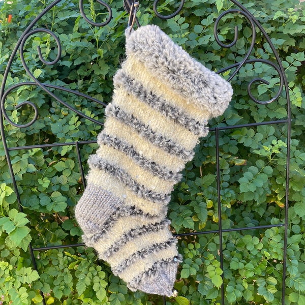 Fur and Boucle Mohair Hand Knit Christmas Stocking
