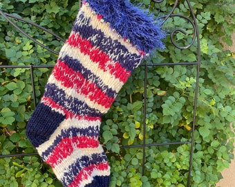 Rustic Americana Hand Knit Christmas Stocking, Red, White and Blue