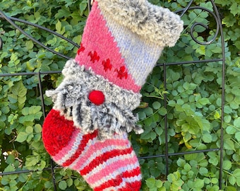 Gnome Alone, Red and Pink Hand Knit Christmas Stocking