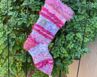 Pink and Lavender Handknit Mohair Christmas Stocking