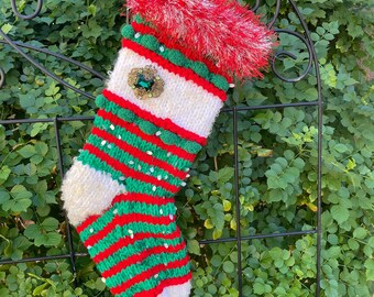 Red and Green Striped Pompom Christmas Stocking with Vintage Brooch