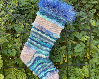 Blue Bells Knit Christmas Stocking, Silver and Blue Sparkle Pom Pom Stocking