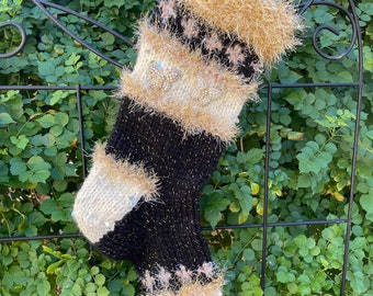 Black and Gold Butterfly Christmas Stocking hand knit