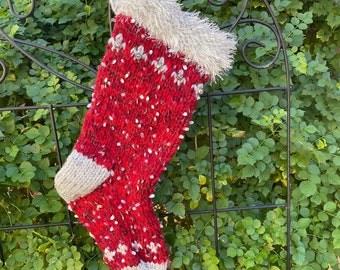 Candy Apple Red Knit Christmas Stocking with Silver Sequins