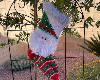 Santa Claus on Christmas Morning , Red and Green Hand Knit Christmas Stocking