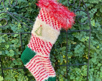 Red White and Green Traditional Knit Christmas Stocking