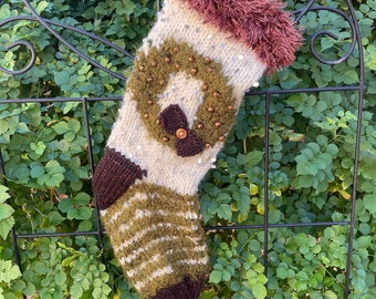 Wreath Christmas Stocking, Copper , Brown and Green Wreath Stocking