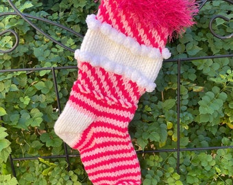 Pink Spiral Handknit Christmas Stocking with Pompoms