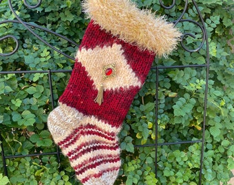 Red and Gold Mohair Stocking, Christmas Stocking with Vintage Brooch