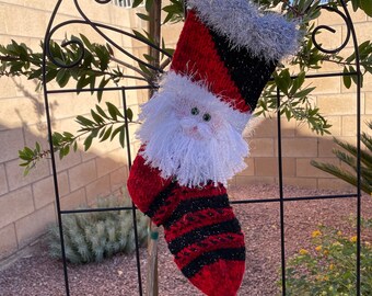 Santa Claus on Christmas Evening , Red and Black Hand Knit Christmas Stocking