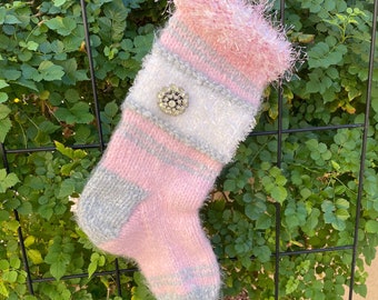 Pink Mohair Sparkle Knit Christmas Stocking with Vintage Rhinestone Brooch