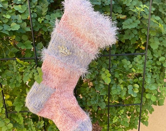 Silver and Pink Mohair Princess Sparkle Knit Christmas Stocking with Crown Brooch