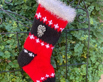 Red, Silver and Black Hand Knit Christmas Stocking with Vintage Brooch