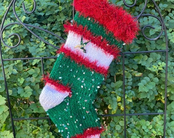 Hand Knit Red and Green Christmas Stocking with vintage  Hummingbird Brooch